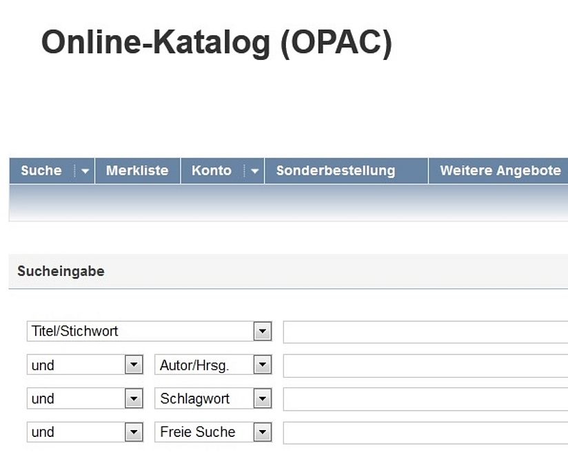 Verschiedene Suchbegriffe können Kategorien zugeordnet und kombiniert werden. Screenshot des Suchformulars im Online-Katalog der Bibliothek