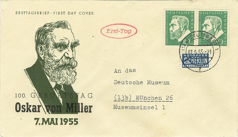 Briefumschlag mit Porträt Oskar von Millers und zwei Briefmarken.